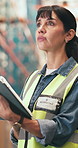 Thinking, woman and tablet for logistics in warehouse for stock check, inventory and supply chain. Person, digital and inspection for quality control, export records and cargo information of shipping
