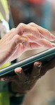 Hands, person and tablet for logistics in warehouse for stock checklist, inventory and supply chain. Worker, digital or typing for inspection, quality control report and cargo information of shipping