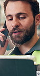 Logistics, phone call and man with tablet, warehouse and communication with contact for supply chain. Shipping, supervisor and person with tech for stock distribution, flare or talking with mobile