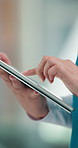 Hands, woman and nurse with tablet in hospital for research, medical report and schedule Healthcare worker, digital app and typing for telehealth, online history and patient information for surgery