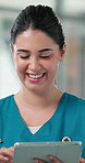 Smile, woman and nurse with tablet in hospital for research, medical report and schedule surgery. Happy, healthcare work and digital for telehealth, patient online records or information on operation