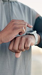 Hands, athlete and scroll on smart watch outdoor for fitness app, check running speed or track workout. Runner, person and browsing on wristwatch for exercise performance, cardio results and update