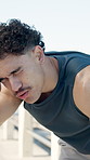 Tired, man outdoor and breathing with sweat from cardio workout, exercise challenge and sports fatigue. Exhausted, person and wipe face on promenade with fitness activity, training break and pause.