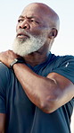 Mature man, shoulder pain and outdoor with exercise challenge, muscle tension and medical problem. Fitness, black person and massage with fibromyalgia, inflammation and discomfort from sports injury.