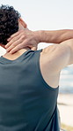 Back, active man outdoor and neck pain from discomfort, difficult workout and muscle inflammation. Fitness, person and athlete with sports injury, strain and medical problem from exercise challenge.