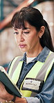 Woman, reading and tablet for logistics in warehouse for stock check, inventory and supply chain. Person, digital and inspection for quality control, export report and cargo information for shipping
