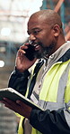 Black man, tablet and phone call at warehouse for shipping, app and insight for inventory management report. Mature person, tech and talk with logistics, storage or supply chain at distribution plant