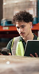 Man, scan cargo and tablet in warehouse with inspection, supply chain and logistics for quality control. Person, scanner and tech in depot for inventory management, shipping and distribution service.