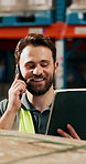 Man, tablet and phone call in warehouse with logistics, feedback and discussion for supply chain. Person, tech and conversation in distribution center with contact, shipping service and stock export.
