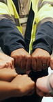 Hands, circle and fist bump at warehouse for logistics with teamwork, synergy or support at job. People, group and scrum for solidarity, connection or collaboration for distribution at storage plant