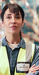Shipping, face of woman and arms crossed in warehouse for stock control, logistics and about us. Distribution manager, mature person and laugh in storage facility for export service, pride and bokeh