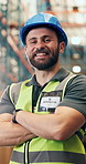 Logistics, face of man or arms crossed in warehouse for quality control, stock distribution or about us. Shipping, supervisor and laughing in storage facility for supply chain, cargo export and below