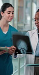 Tablet, women or doctor with xray in hospital, medical test results or patient brain scan for diagnosis. Explain condition, physician or neurology specialist talking for healthcare, tech or teamwork