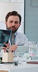 Doctor, discussion or meeting with xray in office, medical case review or consulting for treatment advice. Healthcare, teamwork or man with patient history for diagnosis referral, chest mri or talk