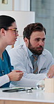 Doctor, discussion or meeting in office for healthcare, medical case review or consulting for advice. Treatment plan, teamwork or people with patient results for diagnosis referral, ideas or talking