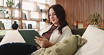 Woman, student and reading with tablet at house for research, education and university application. Female person, digital and website for online enrollment, college course and admission requirements