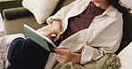 Hands, student and reading with tablet at house for research, education and university application. Person, digital app and website for online enrollment, college schedule and admission requirements