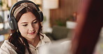 Painting, headphones or woman in home with smile, streaming or music inspiration for artwork. Creative outlet, technology or artist in house with canvas, radio or craft podcast for visual expression.