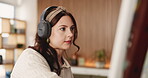Painting, headphones or woman in home with easel, streaming or music inspiration for artwork. Creative outlet, technology or artist in house with canvas, radio or craft podcast for visual expression.