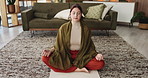 Calm, woman or breathing with meditation for mindfulness or spiritual wellness in home. Female person, relaxing exercise and lotus pose with eyes closed for inner peace, balance or awareness in house