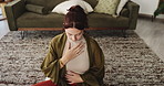 Calm woman, zen and breathing with meditation for mindfulness or spiritual wellness above in home. Top view, female person or relax with eyes closed for inner peace, balance or awareness in house