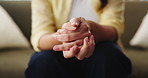 Nervous, hands and woman with anxiety at therapy for PTSD, trauma counseling or stimming with panic. Psychology, mental health or patient with fidgeting on sofa for worry or contemplating appointment
