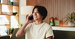 Asian man, student and smile with phone call in house for education results, university application or acceptance. Person, tech and good news of study registration, scholarship feedback or contact