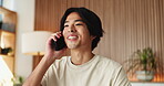 Asian man, student and good news with phone call in house for education results of university application. Person, tech and acceptance of study registration, scholarship feedback or contact and smile
