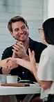 Creative agency, handshake and people in meeting, success and approval for project launch. Support, shaking hands and happy employees in office, thank you and agreement for proposal and celebration