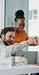 Laptop, fist bump and business people in office with applause for teamwork achievement together. Happy, computer and group of creative editors with clapping hands for positive feedback on project.