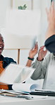 Applause, teamwork and business people throwing documents in office at meeting for celebration. Happy, clapping hands and group of creative directors with paperwork for completed project in workplace