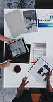 Hands, people and meeting with documents in office for data analysis, finance report and revenue. Above, team or tablet screen with audit paperwork, financial stats and metrics on company performance