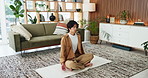 Asian man, breathing and meditation with yoga at house for fitness, spiritual healing and zen. Male person, lotus pose and inhale with holistic balance, inner peace and mental health for mindfulness