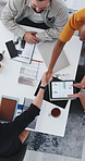 Documents, tablet and business people in office with handshake for finance deal, agreement or partnership. Top view, tech and financial manager with client for shaking hands with investment contract.