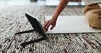 Person, hands and yoga mat with tablet for online tutorial, exercise or fitness in home. User, technology and scrolling with UI for health app, virtual guide or selecting option on floor in house