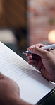 Medical form, pen and hands of person in clinic for survey, history or administration information. Consultation, documents and patient with paperwork for healthcare questions at checkup in hospital.