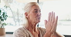 Exercise, meditation and yoga with mature woman in studio for balance, mental health or wellness. Breathing, eyes closed and zen with person on floor for awareness, inner peace or mindfulness routine