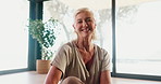Face, mature woman and smile in yoga studio with confidence, fitness or holistic health for self care. Happy, female person and yogi relax with peace, wellness and zen energy for spiritual healing.