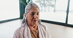 Meditation, quiet and yoga with mature woman in studio for balance, mental health or wellness. Breathing, exercise and zen routine with yogi person on floor for awareness, inner peace or mindfulness