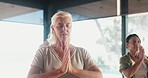 Meditation, instructor and old women in class, prayer and routine for mindfulness, wellness or faith. Healing, session and elderly people with spiritual awareness, namaste and stress relief and peace
