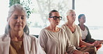 Elderly people, meditation and peace in yoga class for wellness, spiritual awareness and healing. Senior women, lotus pose and mudra with mindfulness, breathing exercise and zen for holistic health.