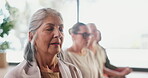 Meditation, instructor and old women in class, zen or prayer for mindfulness, calm and stress relief. Healing, session and elderly people with spiritual awareness, wellness and faith for inner peace