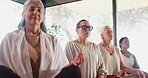 Elderly people, meditation and breathe in yoga class for wellness, spiritual awareness and healing. Senior women, lotus pose and mudra with mindfulness, zen energy or inner peace for holistic health.
