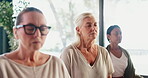 Meditation, prayer and old women in class, zen or calm with mindfulness,  inner peace and retirement. Healing, session and senior people with spiritual awareness, wellness and faith for stress relief
