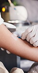Doctor, hands or patient in clinic with iv drip, treatment or medicine injection for hydration benefits. Healthcare worker, person and medical service with intravenous fluid, antibiotics or vitamins.