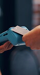 Customer, hands or credit card with POS machine for payment success, fintech transaction or ecommerce. People, tech and tap to pay with digital banking, B2C connection or thumbs up for sale approval.