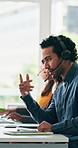 Businessman, consultant or discussion with headset in call center agency for customer support. Man, agent or talking with mic or team for virtual assistance, online conversation or web help in office