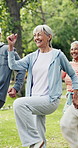 Fitness, cardio class and elderly woman at park for training, wellness and steps in retirement. Smile, senior person or workout outdoor with low impact exercise for mobility, energy and brisk walking