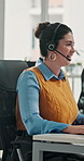 Computer, contact us and headset with woman in call center for feedback, problem solving or support. Communication, conversation and customer service with happy agent in office for assistance or help