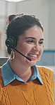 Customer service, agent and woman in call center with discussion, telecom help and answer question. Person, smile and communication in office with tech, client support or faq consultation for advice.